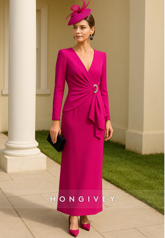 Ankle-Length Low V-Neck A-Line Pleated Long Sleeves Sheath Mother of the Bride Dresses