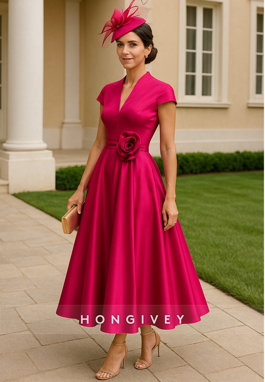 V-Neck Cap Sleeves Tea-Length Pleated A-Line Flower Satin Mother of the Bride Dresses