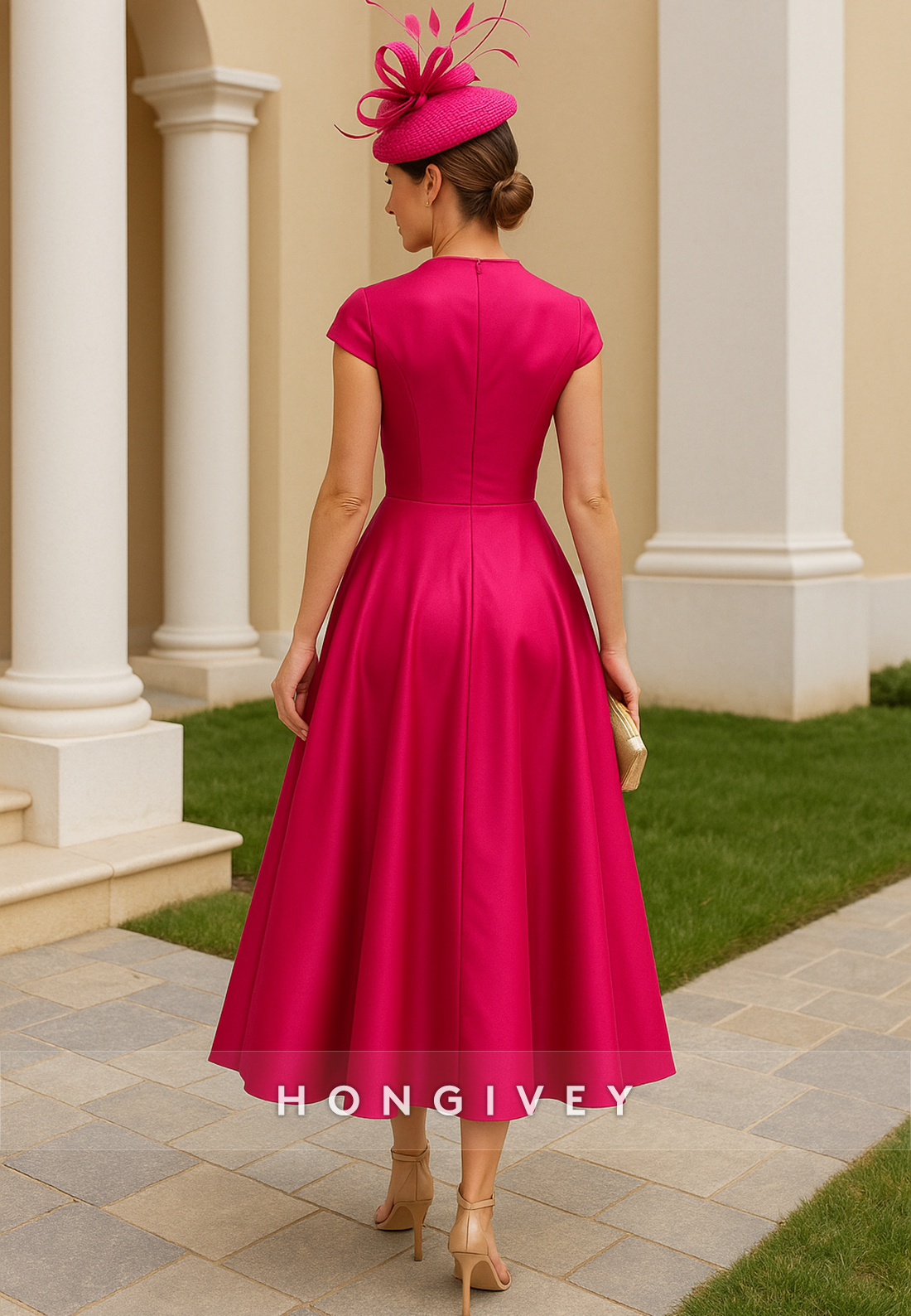 V-Neck Cap Sleeves Tea-Length Pleated A-Line Flower Satin Mother of the Bride Dresses
