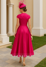 V-Neck Cap Sleeves Tea-Length Pleated A-Line Flower Satin Mother of the Bride Dresses