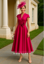 V-Neck Cap Sleeves Tea-Length Pleated A-Line Flower Satin Mother of the Bride Dresses