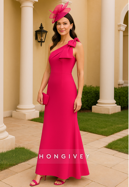 One Shoulder Bowknot Trumpet Ankle-Length Pleated Mother of the Bride Dresses