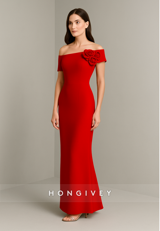 Red Flowers Off the Shoulder Column Pleated Simple Evening Gowns