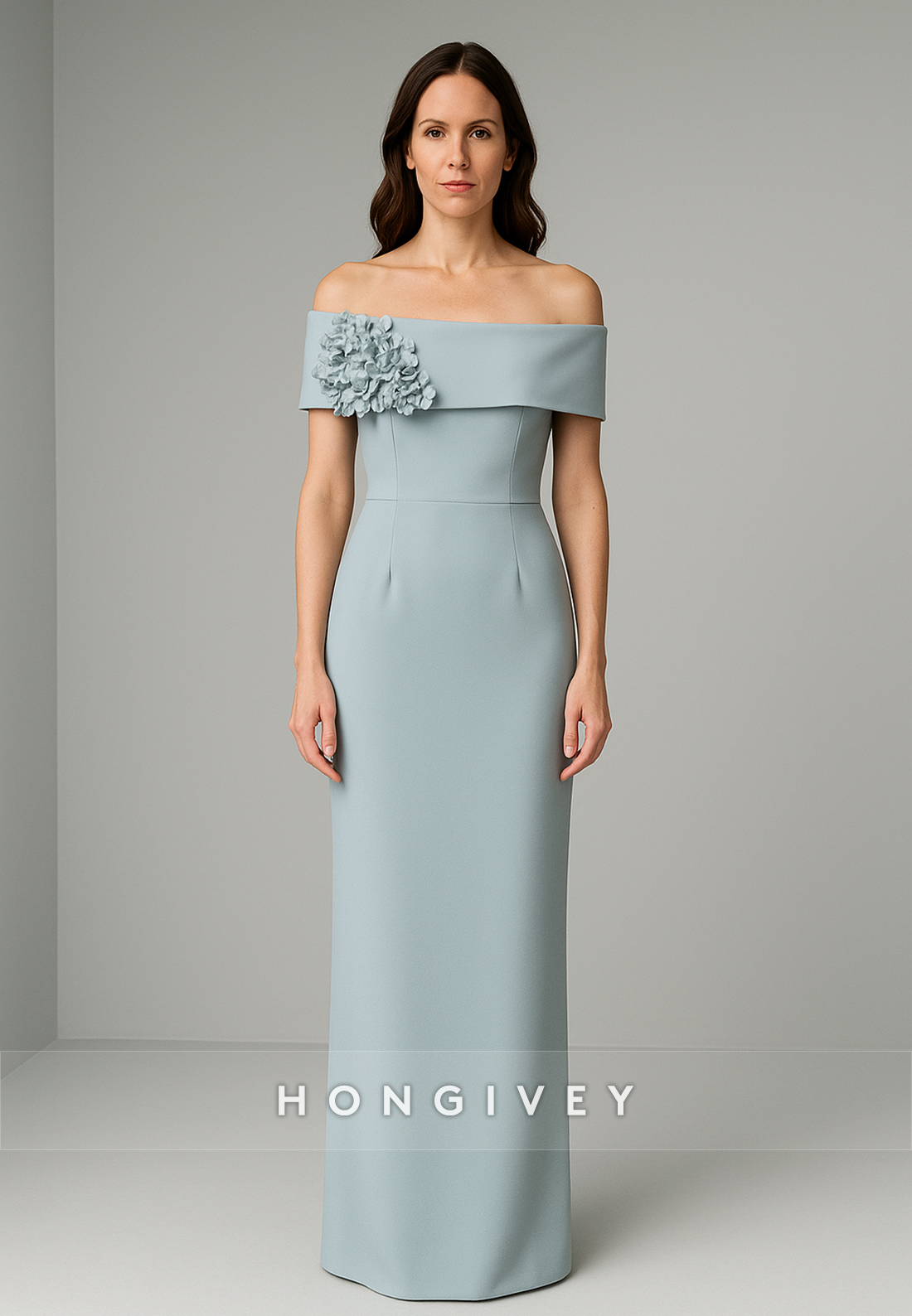 Shawl Floor-Length Column Pleated Appliques Flowers Off the Shoulder Evening Gowns