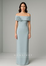 Shawl Floor-Length Column Pleated Appliques Flowers Off the Shoulder Evening Gowns