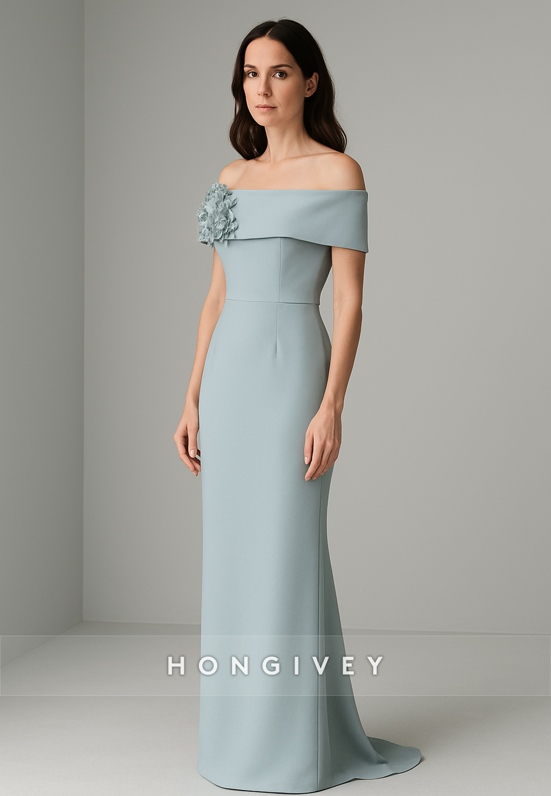 Shawl Floor-Length Column Pleated Appliques Flowers Off the Shoulder Evening Gowns