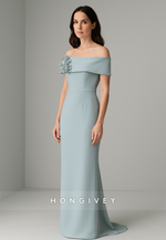 Shawl Floor-Length Column Pleated Appliques Flowers Off the Shoulder Evening Gowns