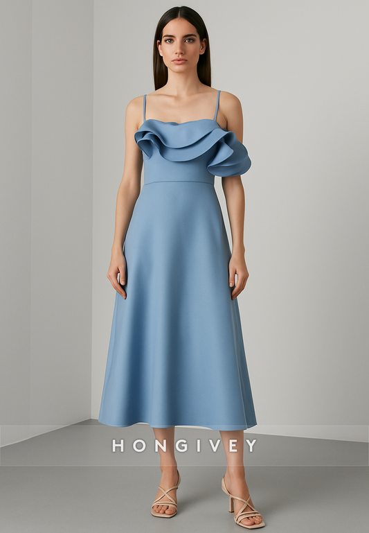 Spaghetti Straps A-Line Tea-Length Pleated Sleeveless Evening Gowns