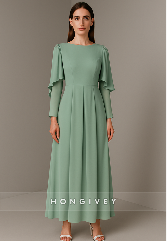 Long Sleeves Pleated A-Line Flutter Sleeves Ankle-Length Evening Gowns