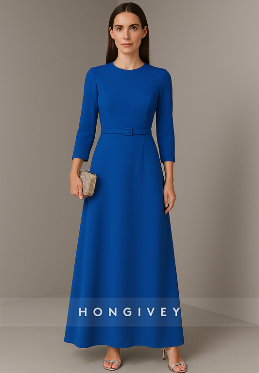 Royal Blue 3/4 Sleeve Ankle-Length A-Line Waistband Pleated Evening Gowns