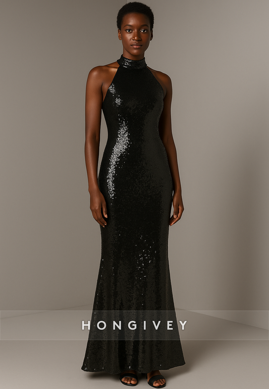 Halter Trumpet Floor-Length Sleeveless Glitter Evening Gowns