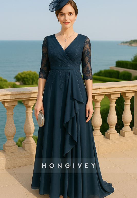 Floor-Length A-Line V-Neck Ruffles Half Sleeves Lace Pleated Mother of Bride Dresses