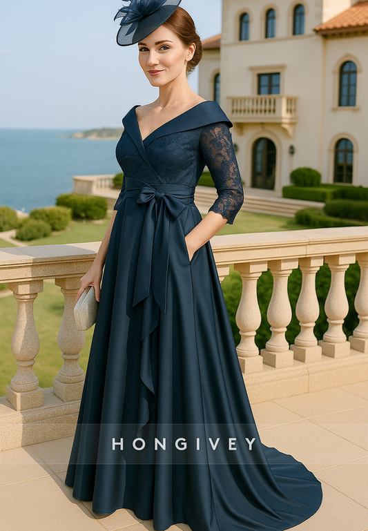 Bowknot 3/4 Sleeve V-Neck Floor-Length A-Line Pleated Ruched V Back Mother of Bride Dresses