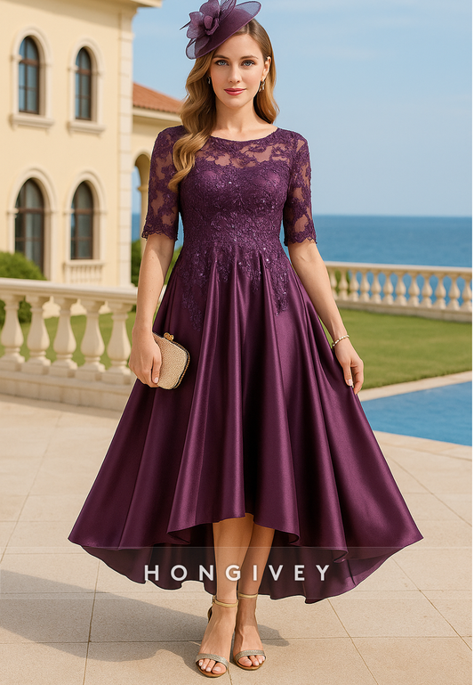 Asymmetrical Illusion Neck Half Sleeves A-Line Pleated Appliqued Mother of Bride Dresses