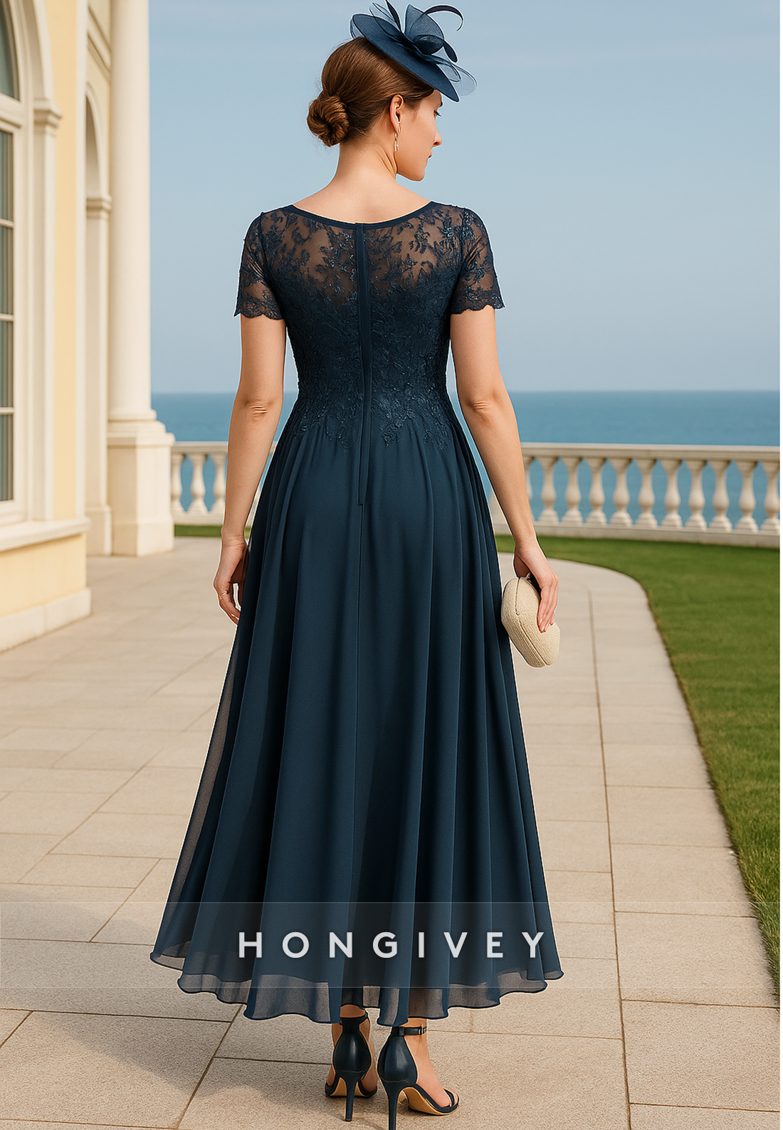 Illusion Neck Ankle-Length Short Sleeve A-Line Ruched Mother of the Bride Dresses