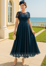 Illusion Neck Ankle-Length Short Sleeve A-Line Ruched Mother of the Bride Dresses