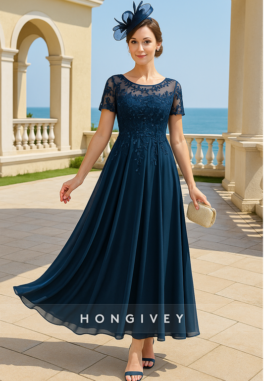 Illusion Neck Ankle-Length Short Sleeve A-Line Ruched Mother of the Bride Dresses