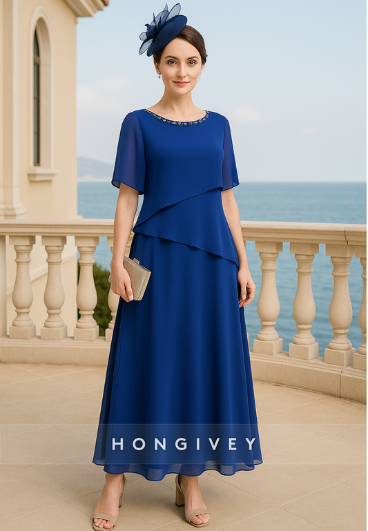 Short Sleeves Ankle-Length Pleated A-Line Chiffon Mother of the Bride Dresses