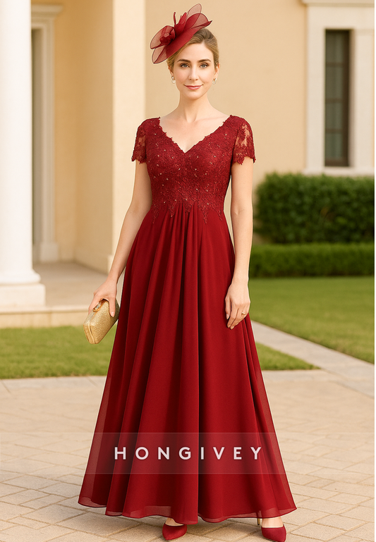 V-Neck Short Sleeves Lace A-Line Ankle-Length Mother of the Bride Dresses