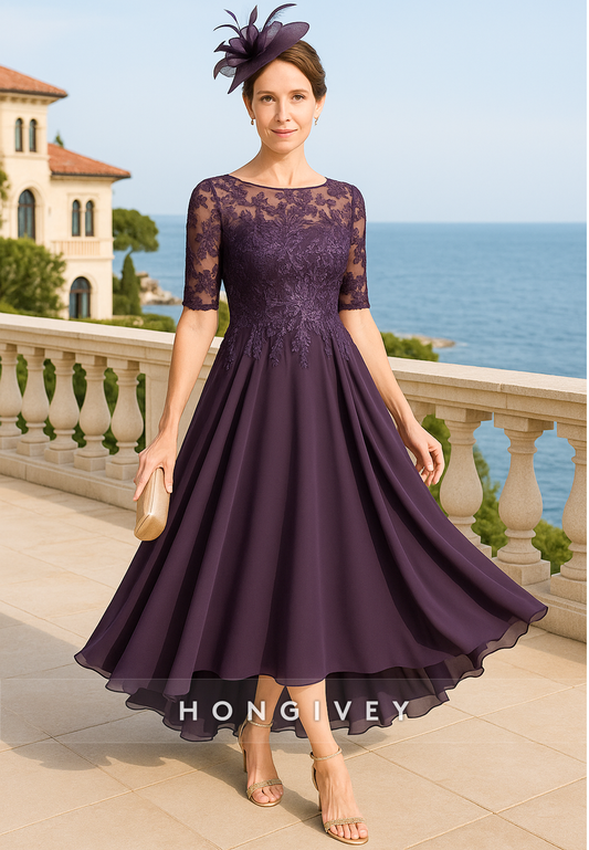 Tea-Length Illusion Neck Half Sleeves A-Line Ruched Mother of the Bride Dresses