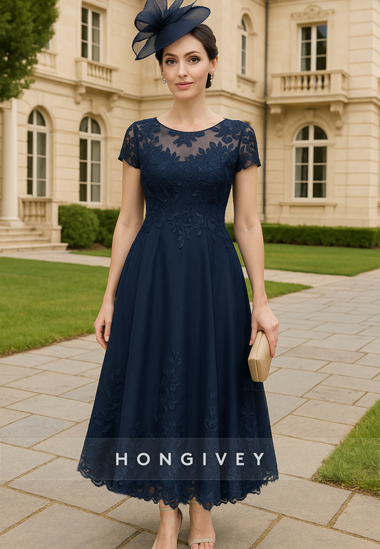 Scoop Ankle-Length A-Line Cap Sleeves Pleated Lace Mother of Bride Dresses