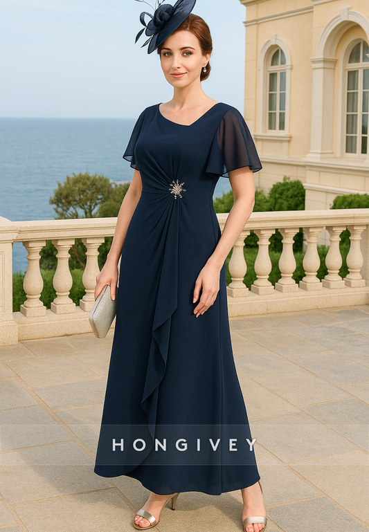 Ankle-Length A-Line Short Sleeves Appliqued Pleated Mother of Bride Dresses
