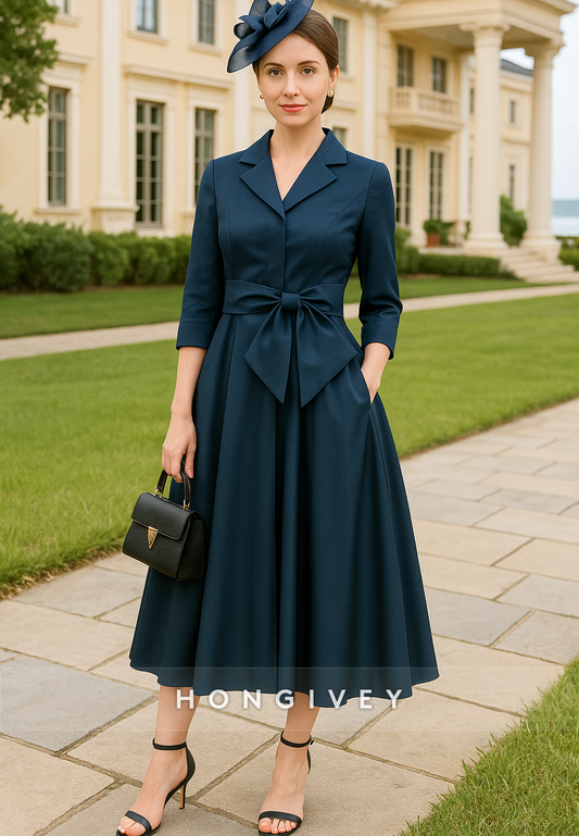 Tea-Length Bowknot 3/4 Sleeve V-Neck A-Line Ruched Mother of Bride Dresses