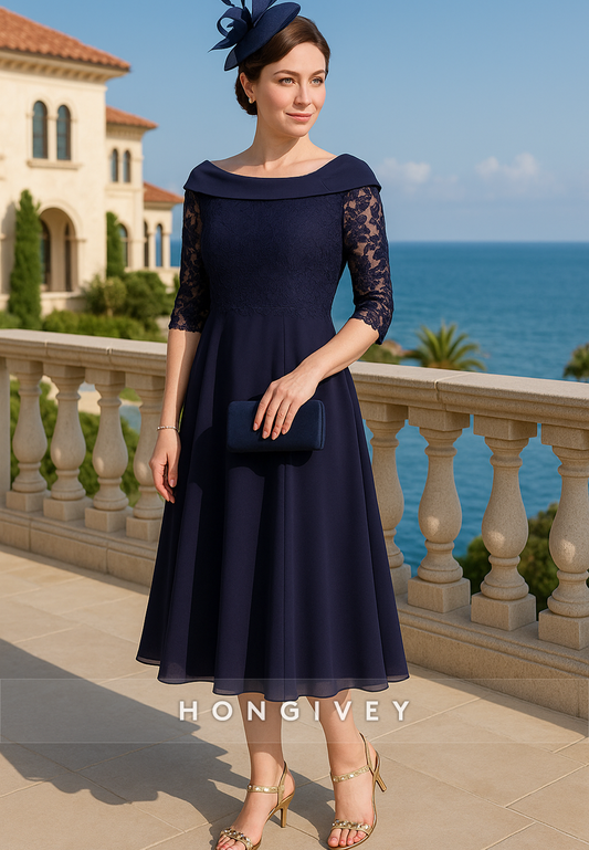 Tea-Length Half Sleeves A-Line Lace Pleated Mother of Bride Dresses