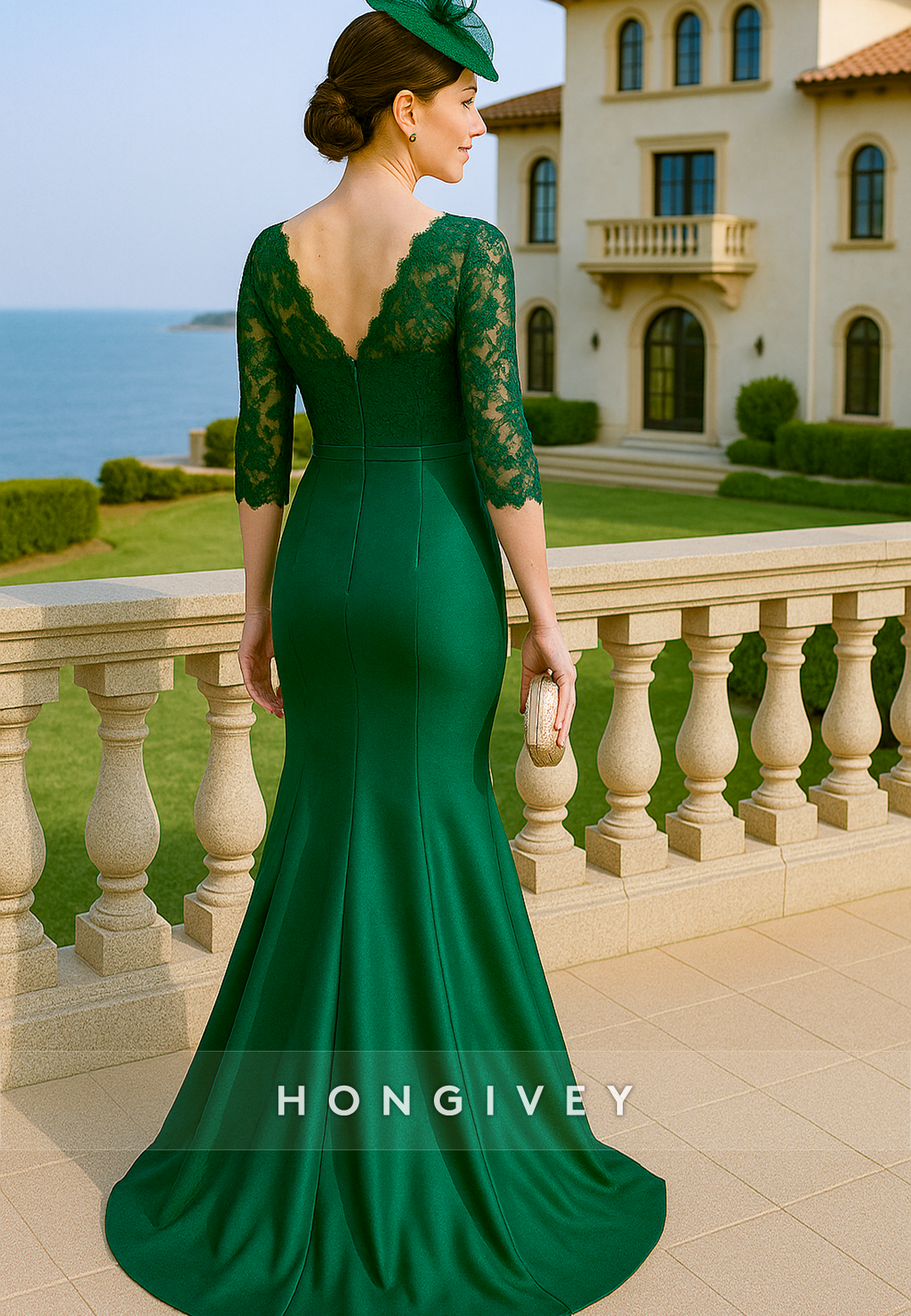 V Back Trumpet Lace 3/4 Sleeve Satin Pleated Floor-Length Mother of Bride Dresses