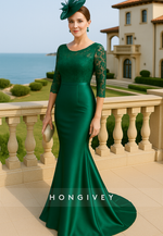 V Back Trumpet Lace 3/4 Sleeve Satin Pleated Floor-Length Mother of Bride Dresses