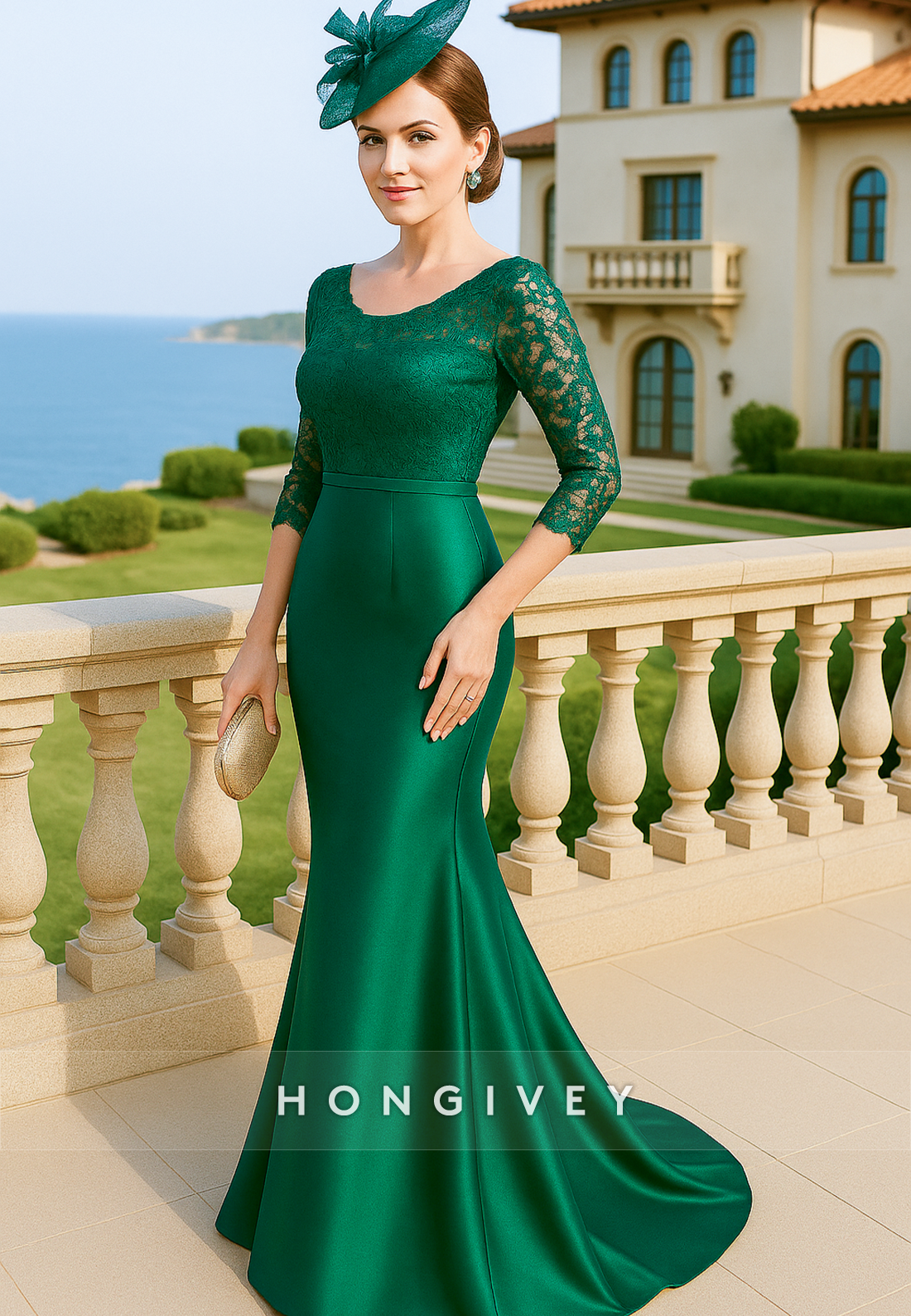 V Back Trumpet Lace 3/4 Sleeve Satin Pleated Floor-Length Mother of Bride Dresses