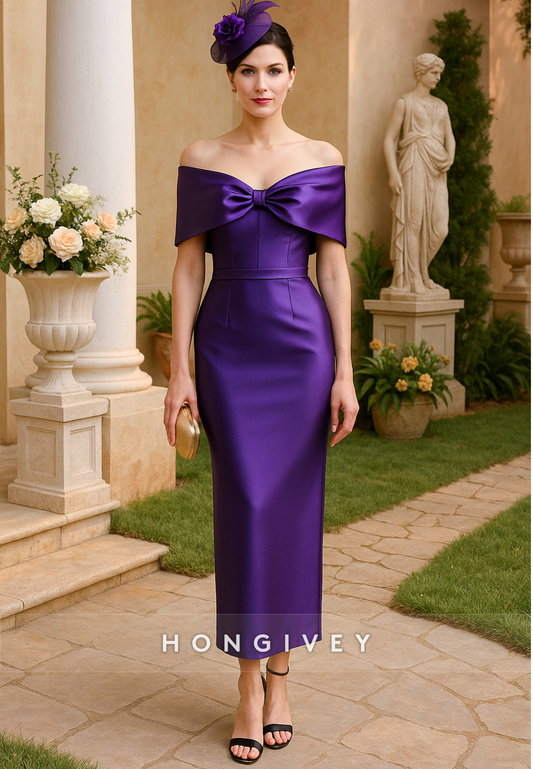 Satin Off the Shoulder Sheath V-Neck Tea-Length Bowknot Mother of Bride Dresses