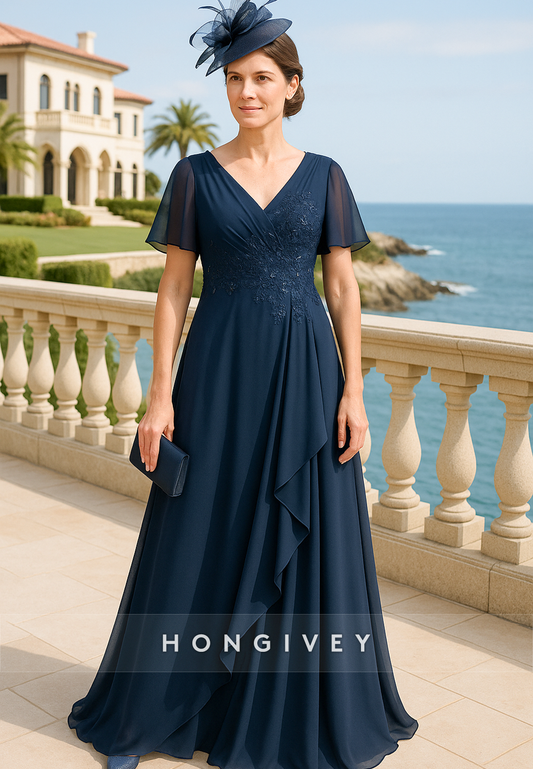 V-Neck Floor-Length Short Sleeve A-Line Ruched Mother of the Bride Dresses