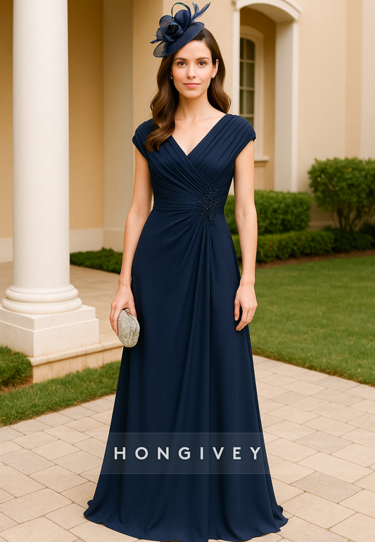 V-Neck Floor-Length A-Line Cap Sleeves Pleated V Back Mother of Bride Dresses