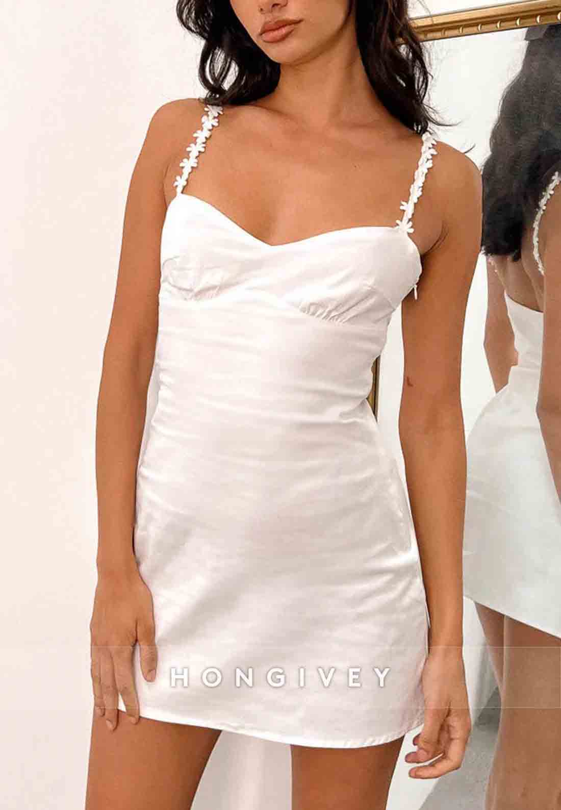 Chic Sheath Spaghetti Straps Shoulder Flower Satin Short Homecoming Dress
