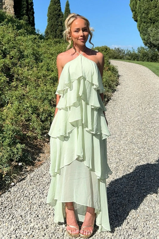 Chic A Line Halter Neck Light Green Long Prom Dress with Ruffles
