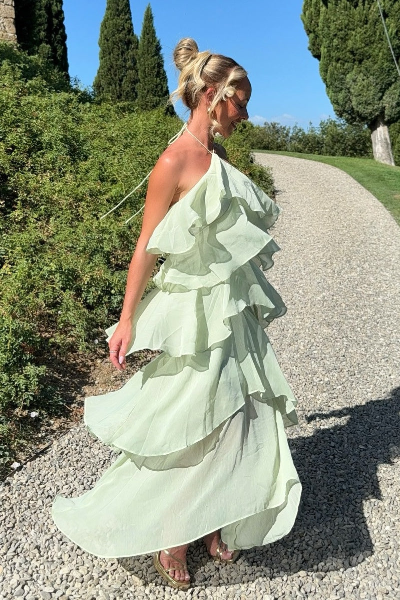 Chic A Line Halter Neck Light Green Long Prom Dress with Ruffles