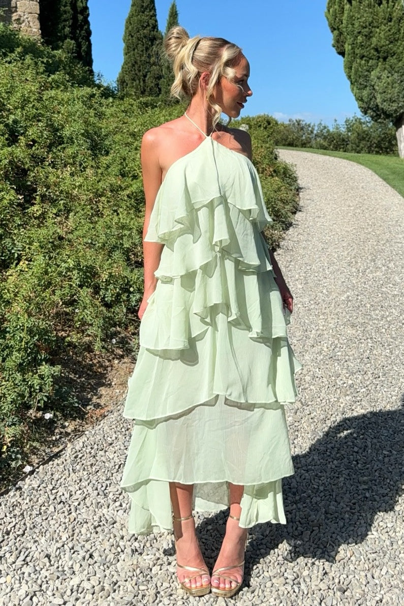 Chic A Line Halter Neck Light Green Long Prom Dress with Ruffles