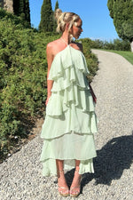 Chic A Line Halter Neck Light Green Long Prom Dress with Ruffles
