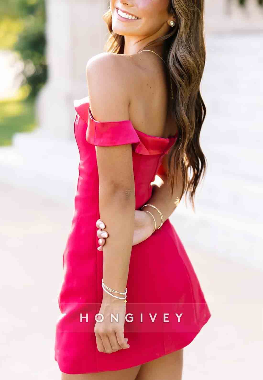 Chic A-Line Off the Shoulder Red Satin Short Homecoming Dress