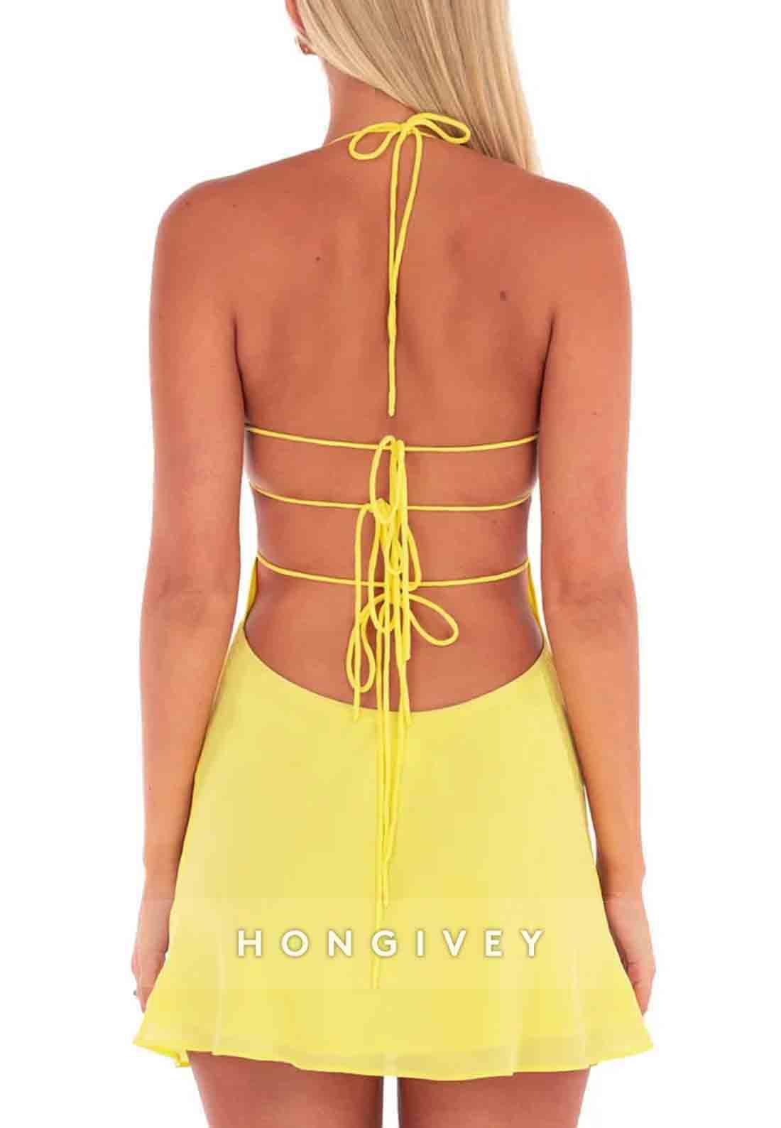 Chic A Line Spaghetti Straps Yellow Short Homecoming Dress with Sequins