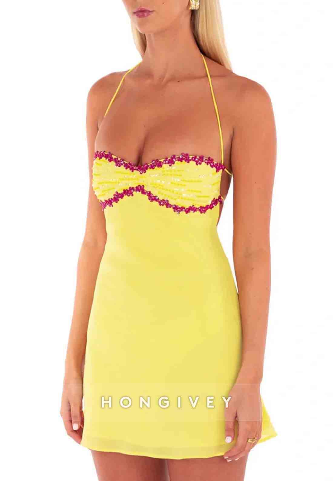 Chic A Line Spaghetti Straps Yellow Short Homecoming Dress with Sequins