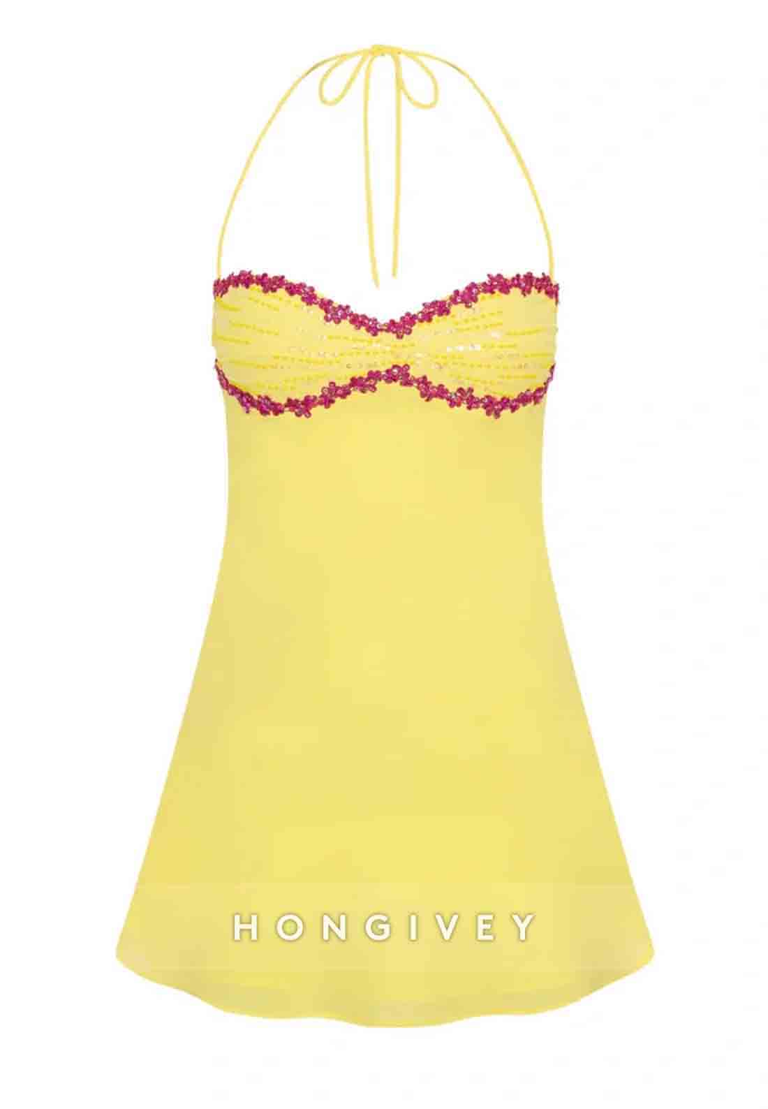 Chic A Line Spaghetti Straps Yellow Short Homecoming Dress with Sequins