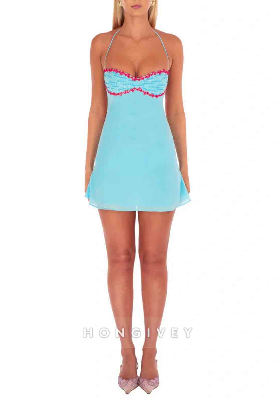 Chic A Line Spaghetti Straps Yellow Short Homecoming Dress with Sequins