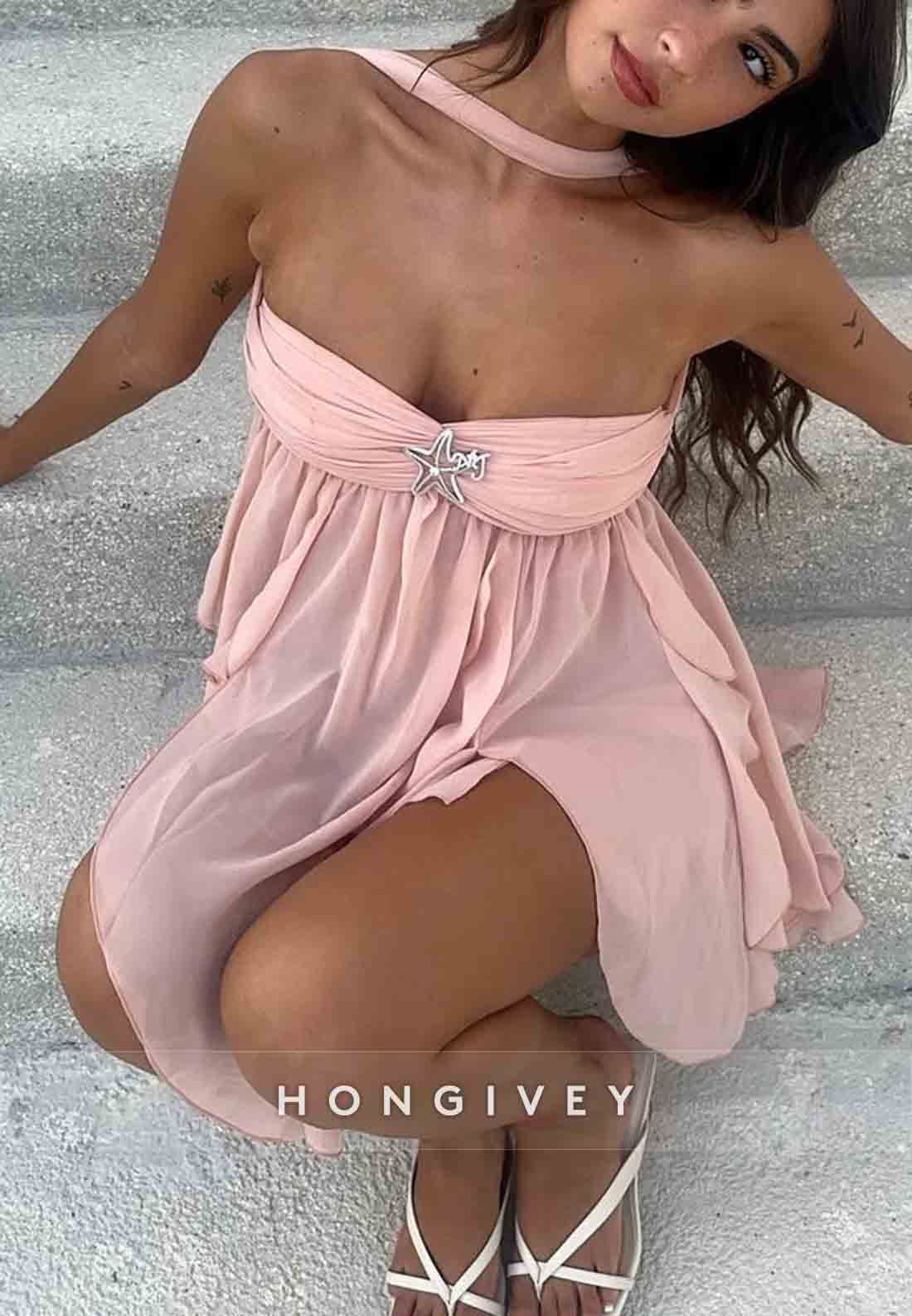 Chic Halter A Line Sweetheart Pink Short Party Dress with Ruffles