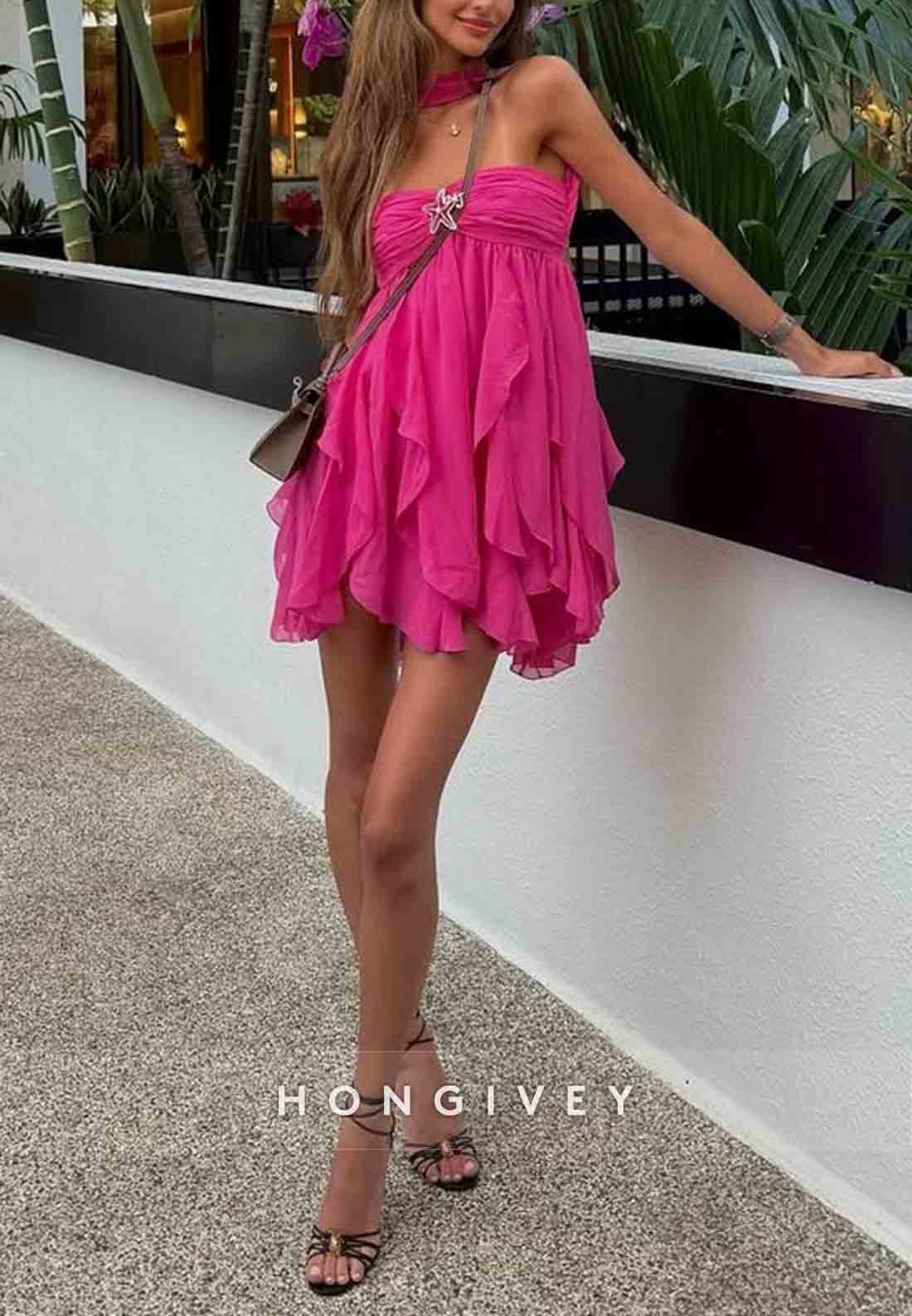 Chic Halter A Line Sweetheart Pink Short Party Dress with Ruffles