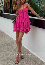 Chic Halter A Line Sweetheart Pink Short Party Dress with Ruffles