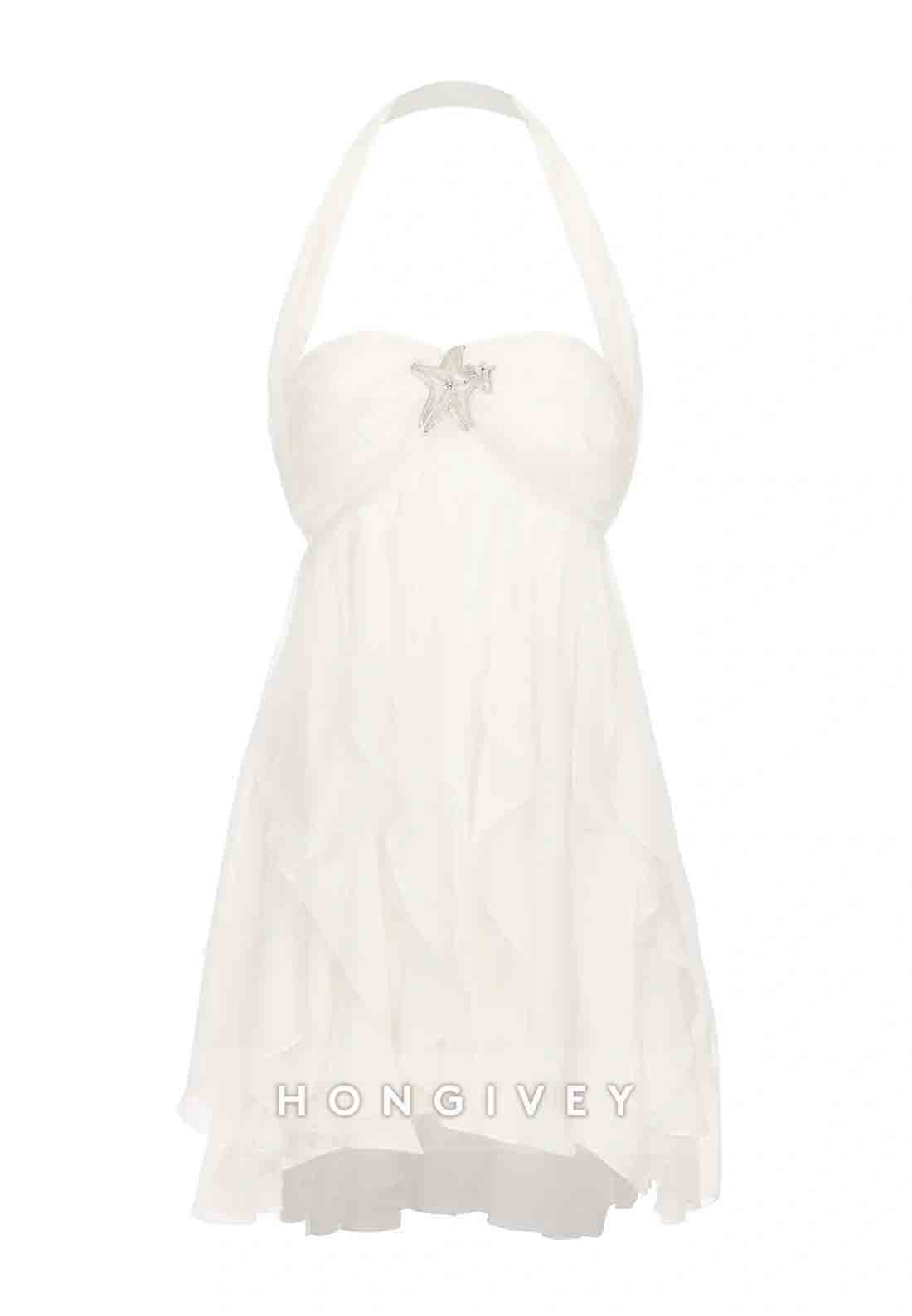 Chic Halter A Line Sweetheart Pink Short Party Dress with Ruffles