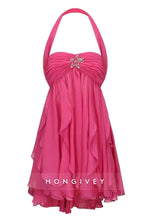 Chic Halter A Line Sweetheart Pink Short Party Dress with Ruffles