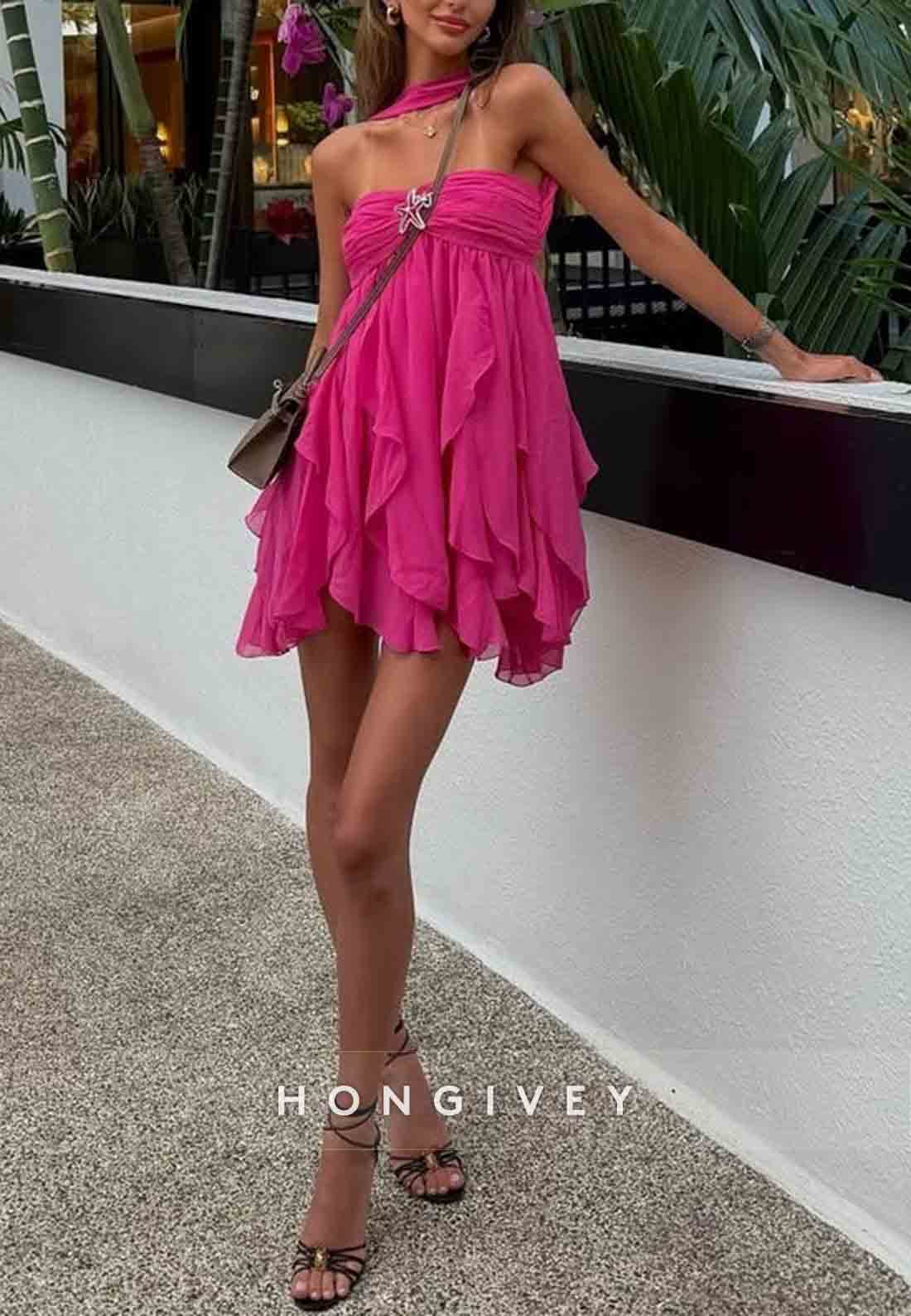 Chic Halter A Line Sweetheart Pink Short Party Dress with Ruffles